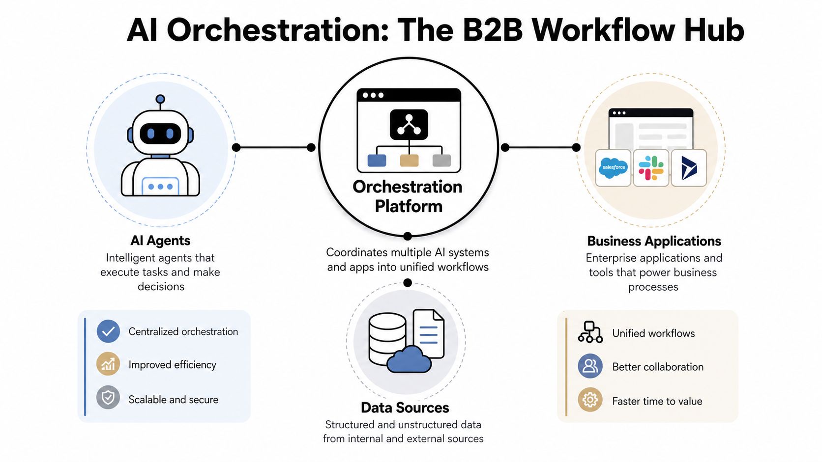 A diagram illustrating an AI orchestration platform acting as a hub for agents, data, and business applications.