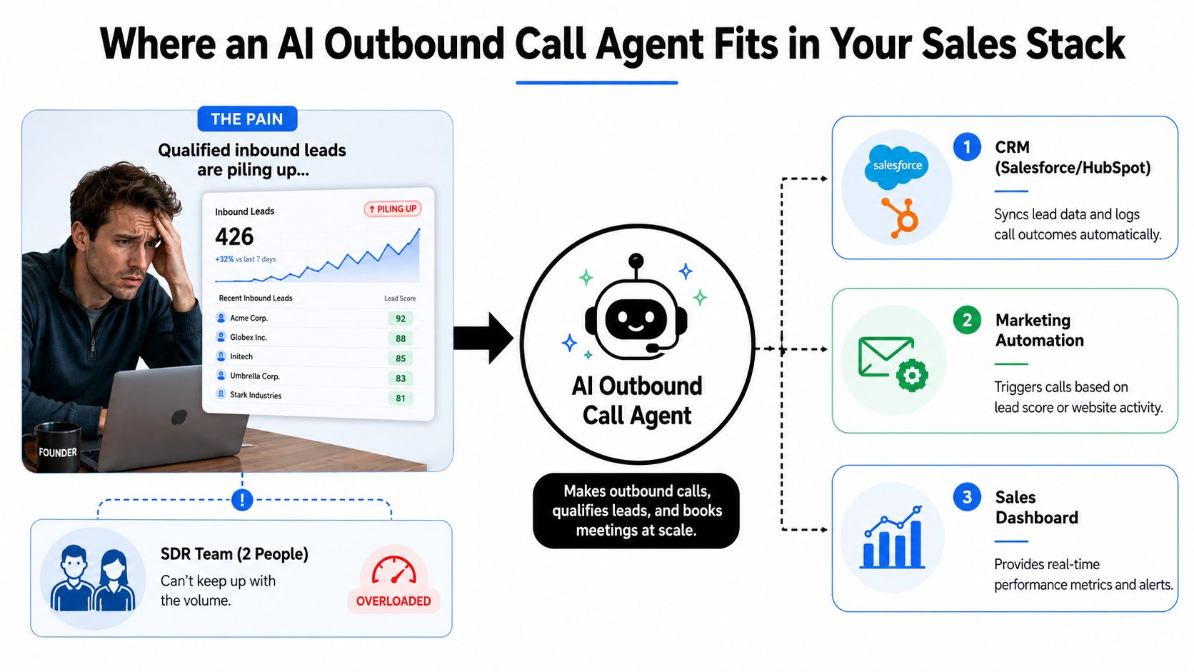 A diagram illustrating how an AI outbound call agent integrates into a company's existing sales stack.