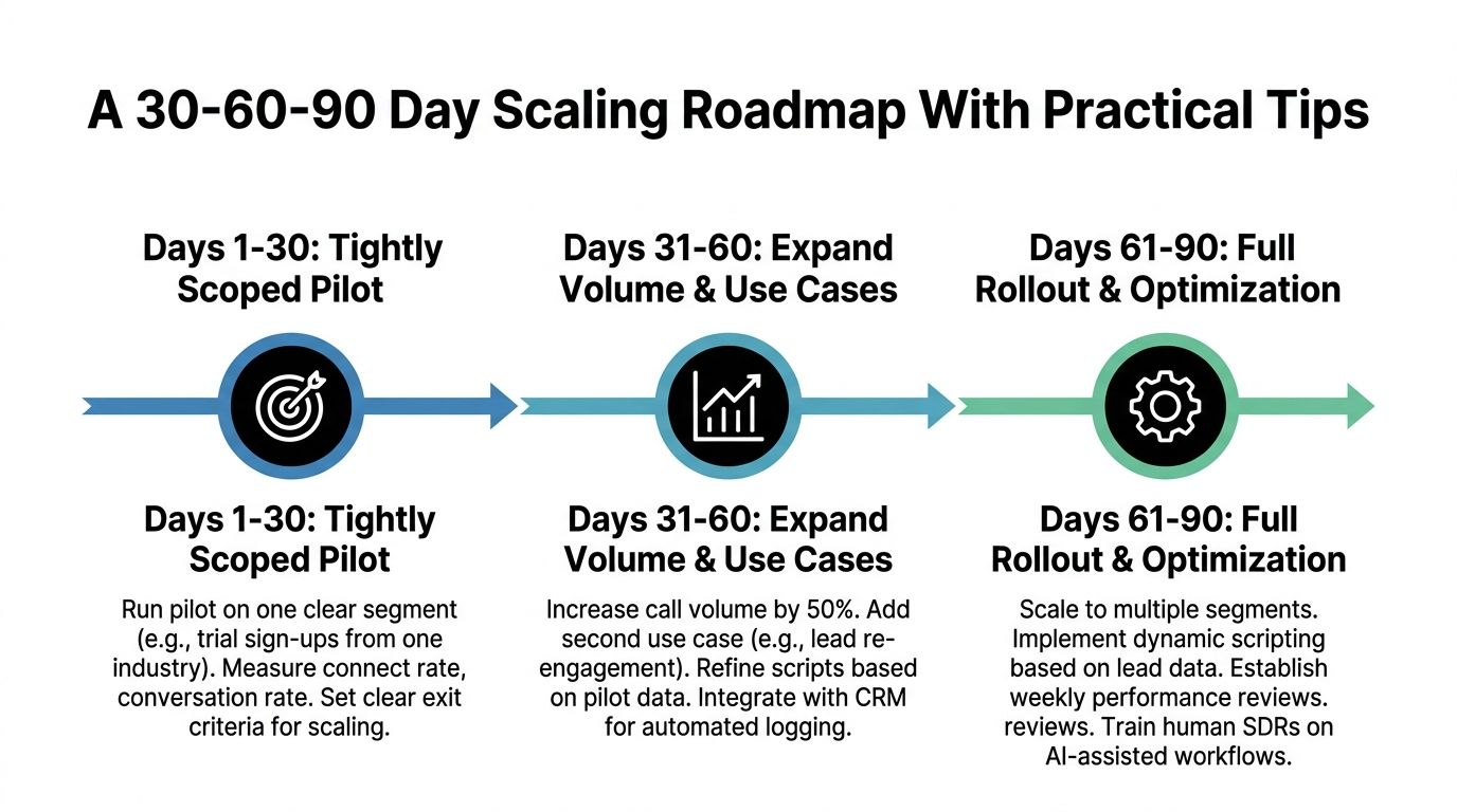 A 30-60-90 day scaling roadmap infographic for AI outbound call agents showing phased growth and optimization steps.