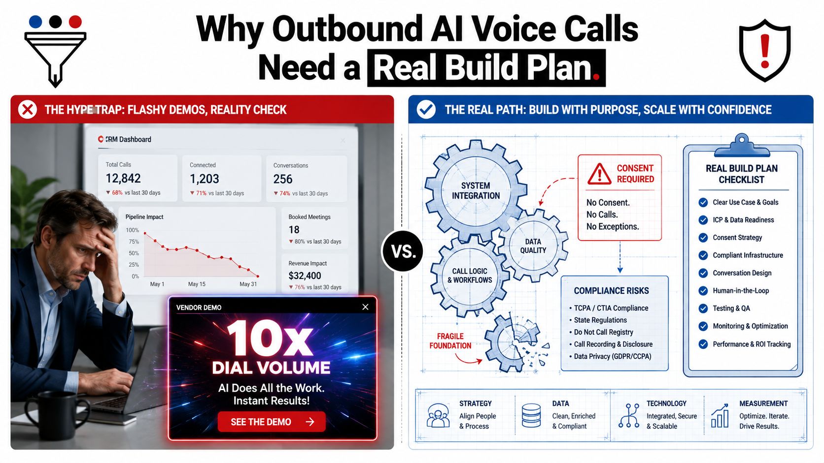 A comparative graphic showing the risks of flashy AI voice demos versus a structured build plan for business.