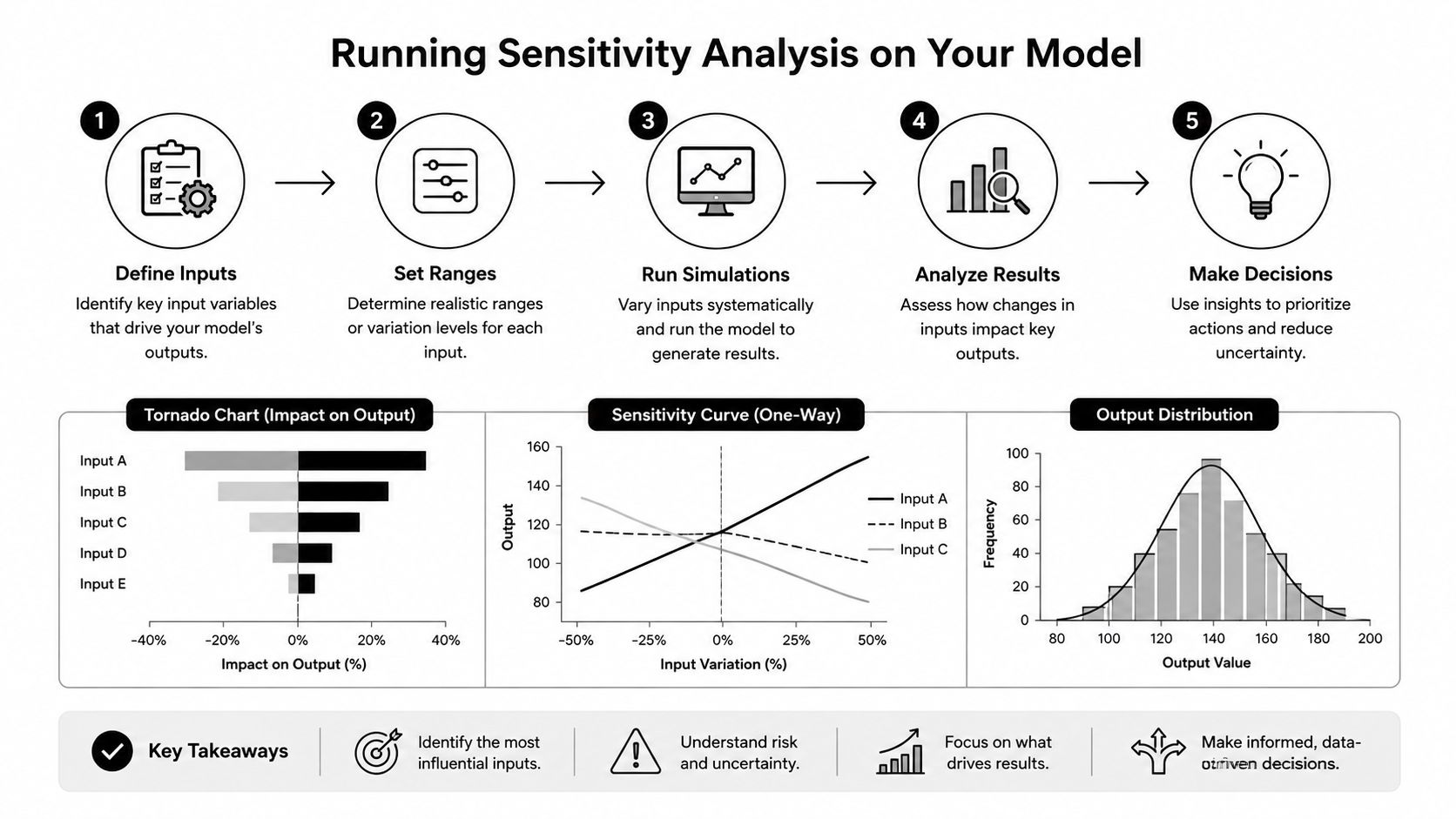 A five-step infographic showing the process of running a sensitivity analysis for business model optimization.