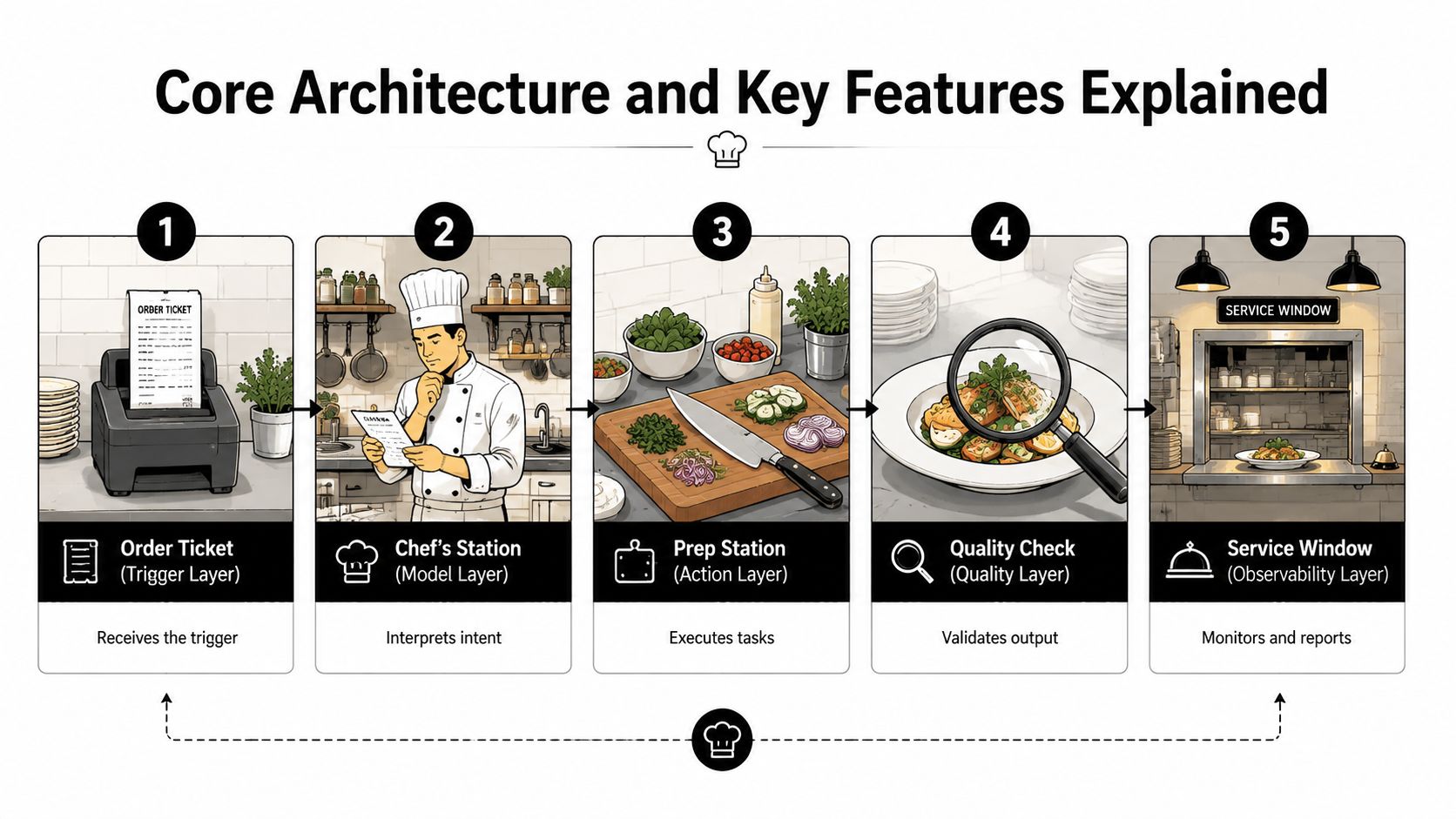 A five-step kitchen metaphor illustrating an AI workflow architecture from order ticket to service window delivery.