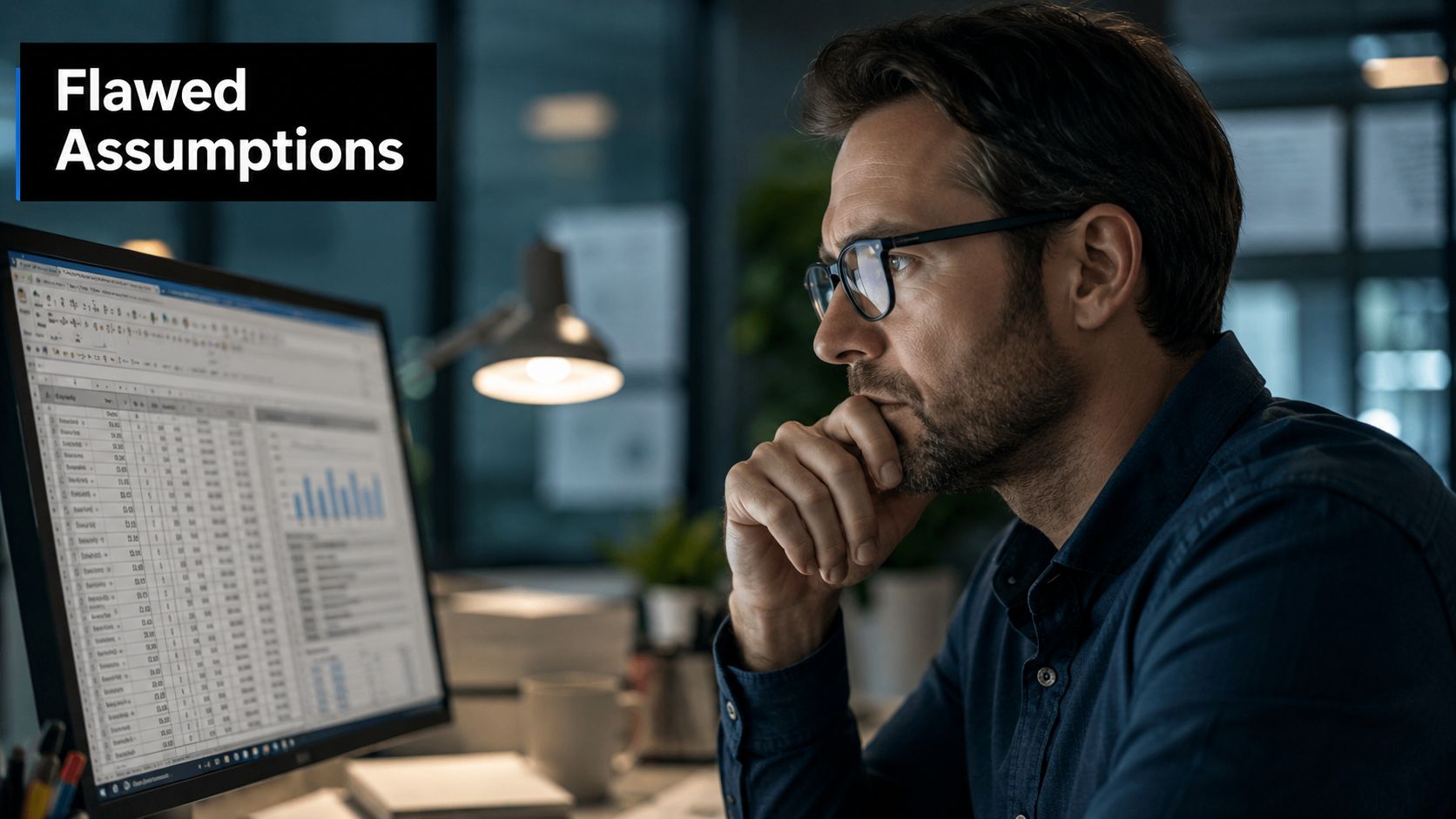 A professional man with glasses working intently on a computer displaying complex financial spreadsheets in an office.