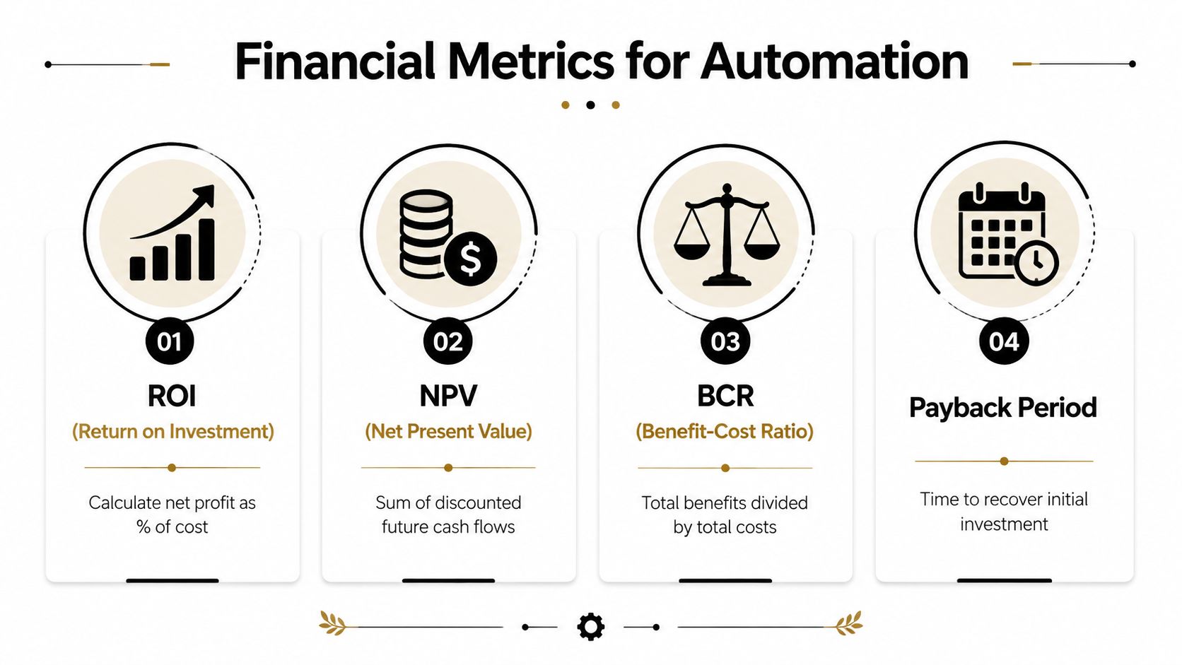 An infographic showing four key financial metrics for evaluating automation projects: ROI, NPV, BCR, and Payback Period.