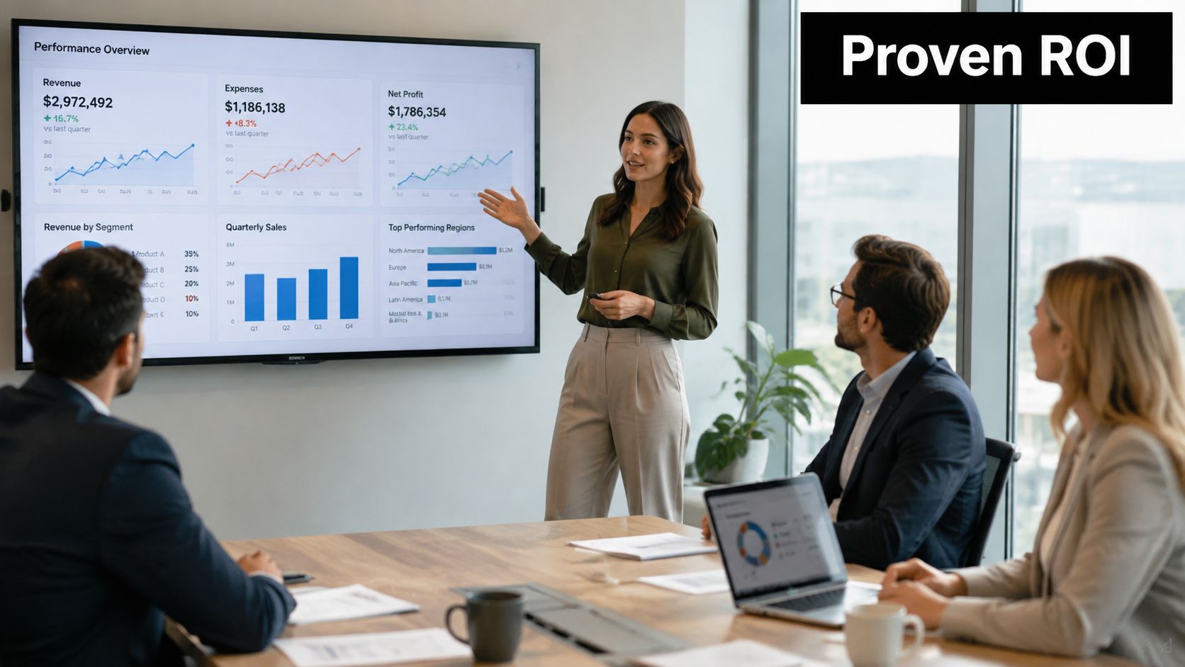 A businesswoman presenting performance metrics and financial data on a large screen to colleagues in a boardroom.