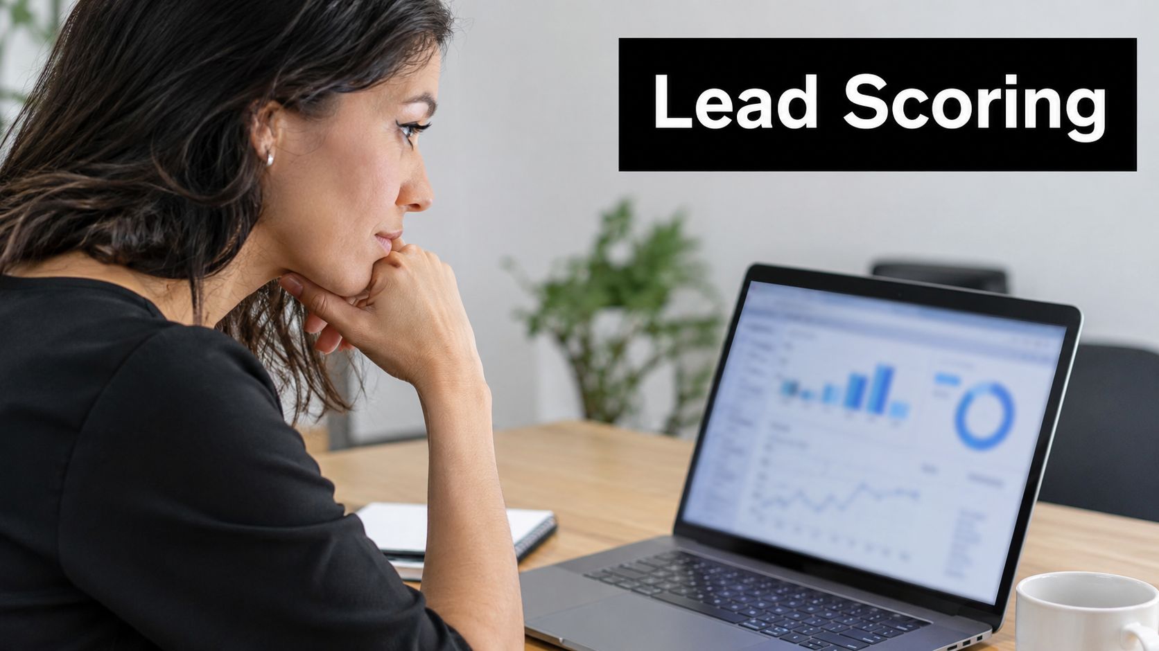 A professional woman looking thoughtfully at a laptop screen displaying data charts for lead scoring analysis.