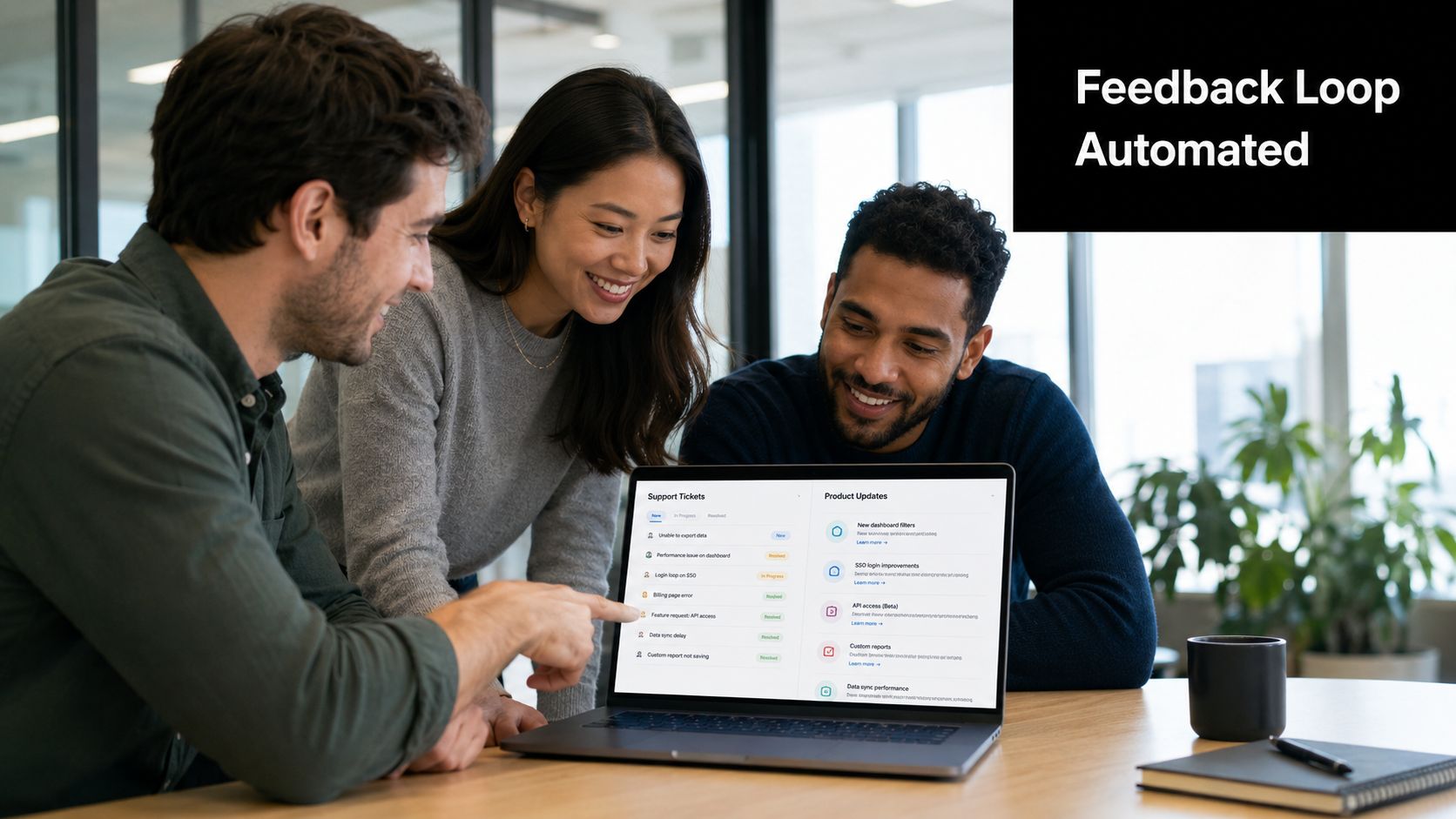 A diverse group of professionals collaborating while looking at a laptop screen showing automated support tickets.