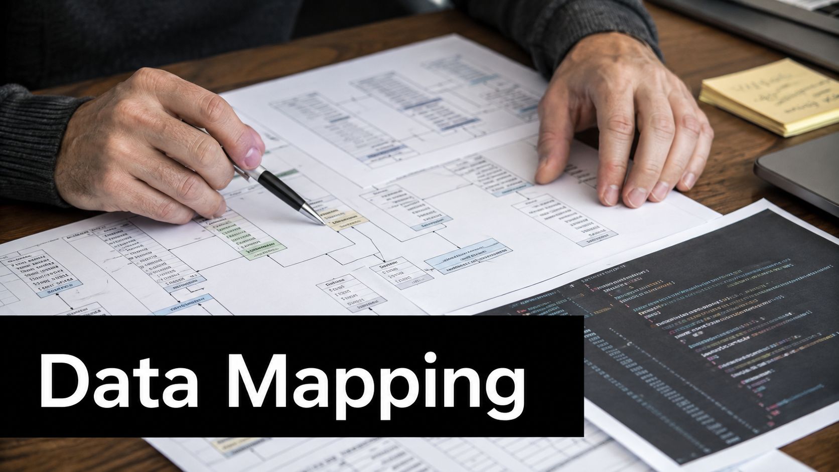 A professional analyzing a database schema diagram on paper with code visible on a side document.