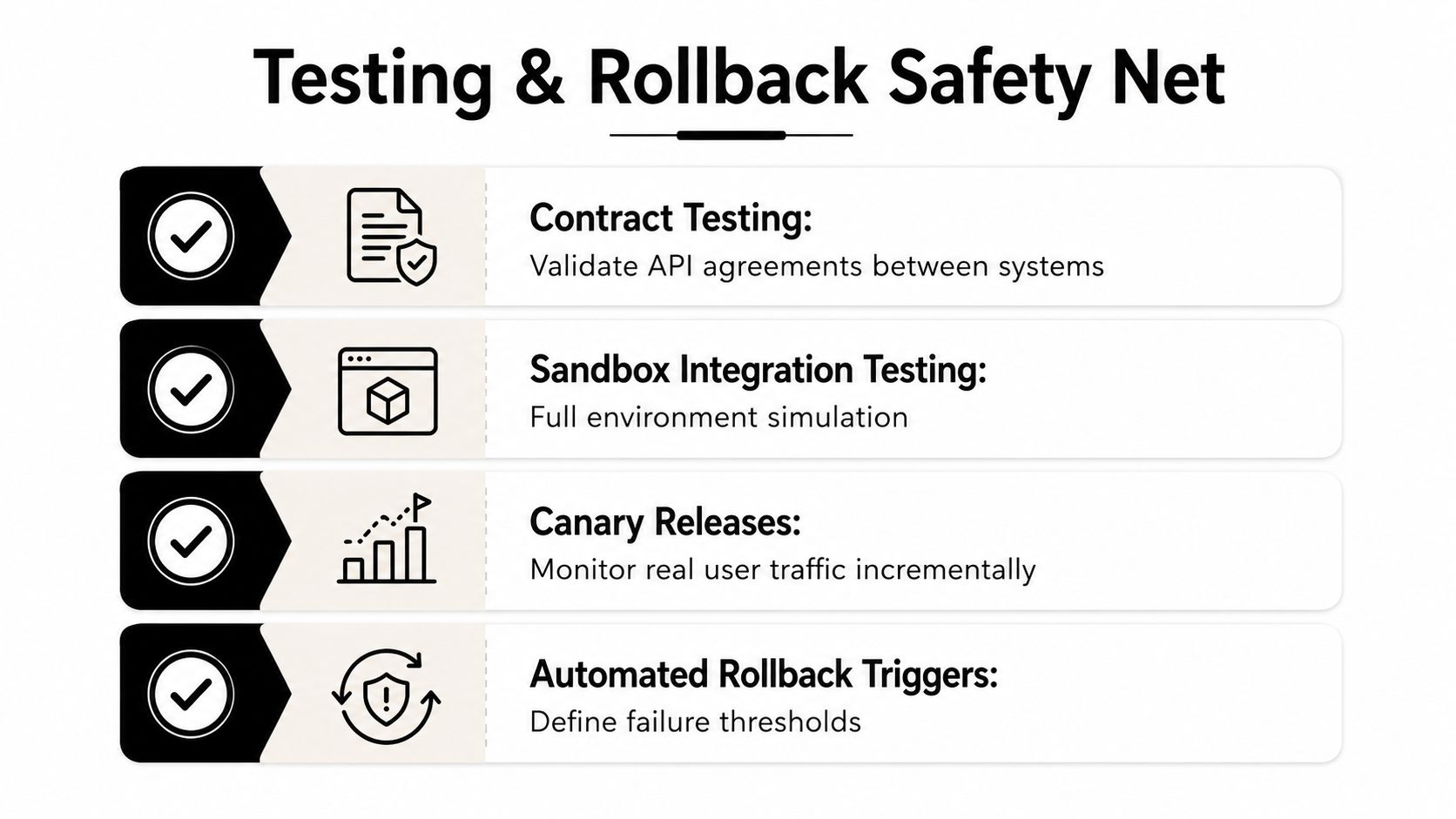 A diagram titled Testing & Rollback Safety Net outlining four key stages for secure software deployment processes.
