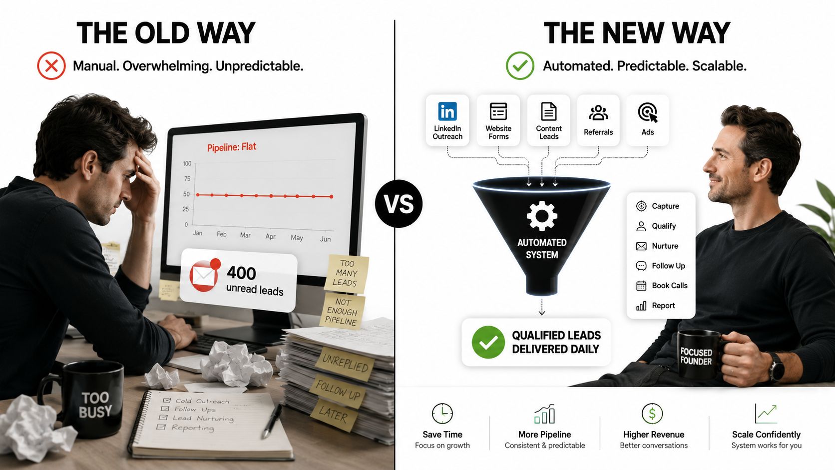 A comparison between a stressed business owner managing manual leads and a calm founder using automated systems.