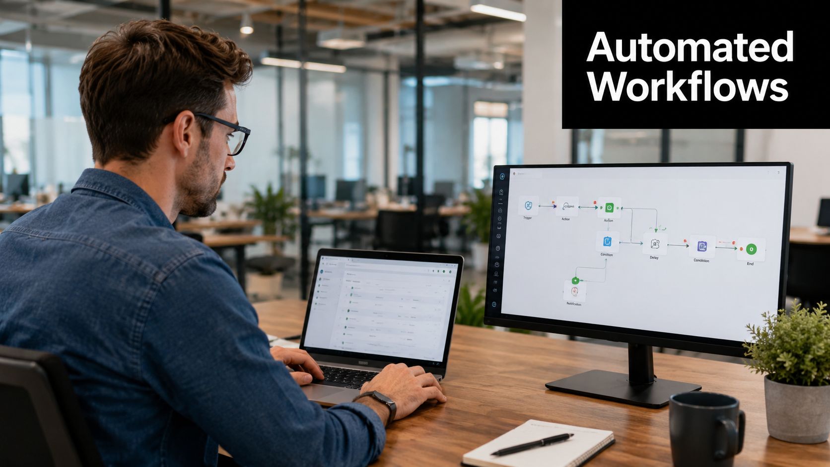 A professional man sitting at a wooden desk using a laptop and monitor to design automated workflows.