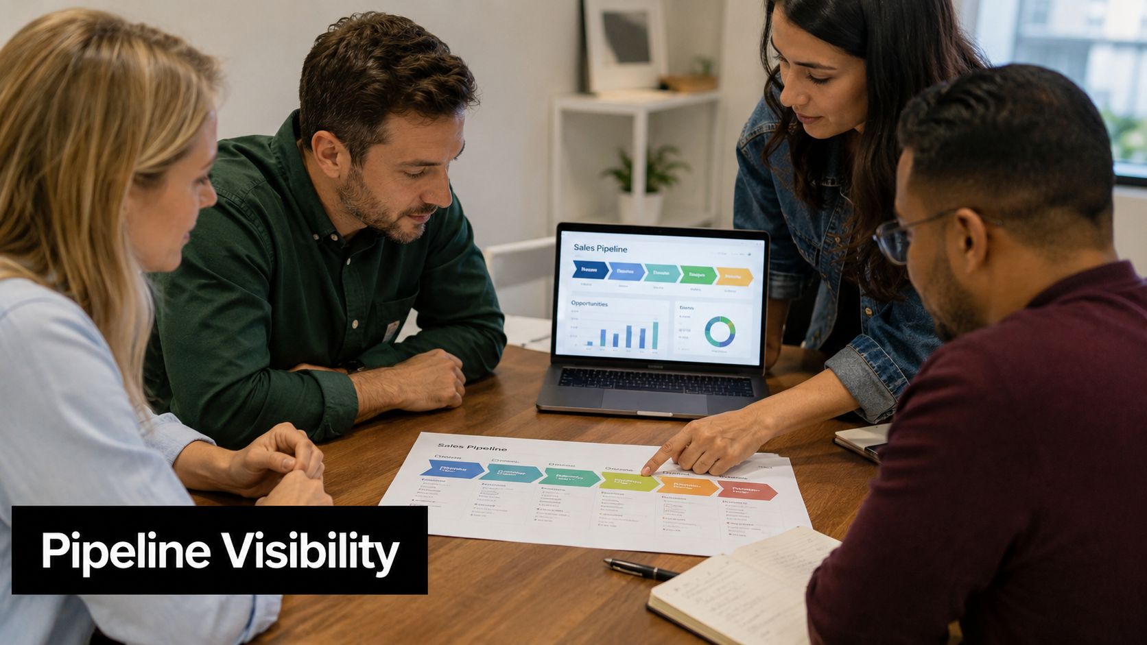 A diverse business team collaborating around a wooden table analyzing sales pipeline data on a laptop.