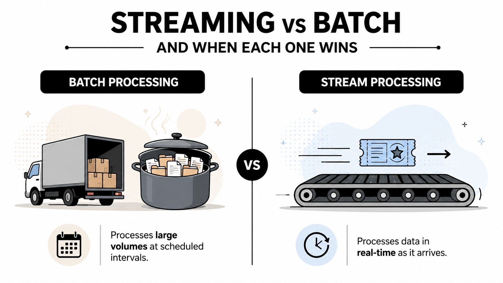 An infographic comparing batch processing, which handles large volumes, versus real-time stream processing of data.