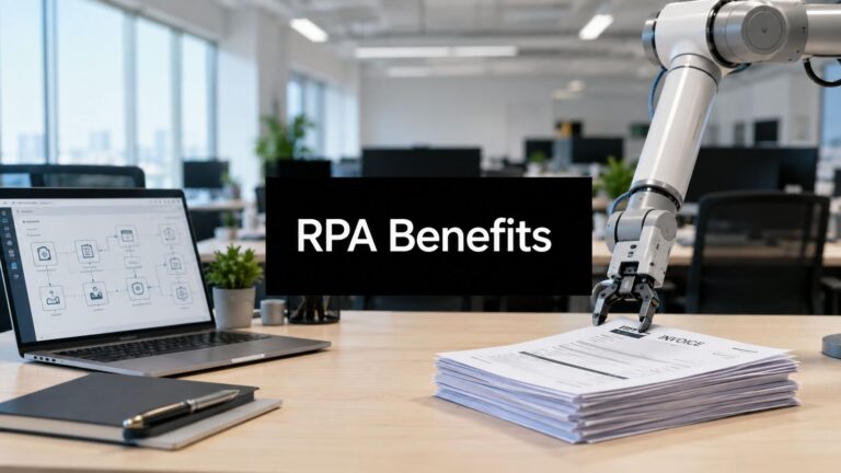 Robotic arm handling a stack of invoices on a desk, with a bold 'RPA Benefits' banner in the center of the image.