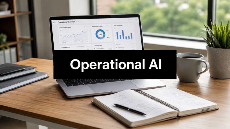 Laptop on a wooden desk with a bold 'Operational AI' banner across the screen, plus a notebook, pen, mug, and plant nearby.