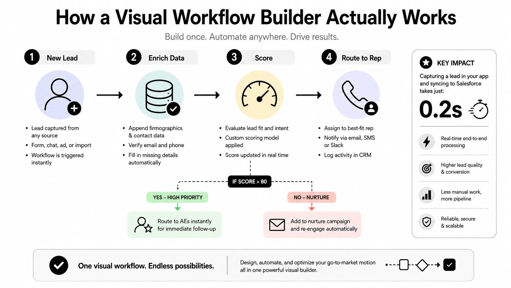 A diagram illustrating the steps of a visual workflow builder, from lead capture to automated follow-up.