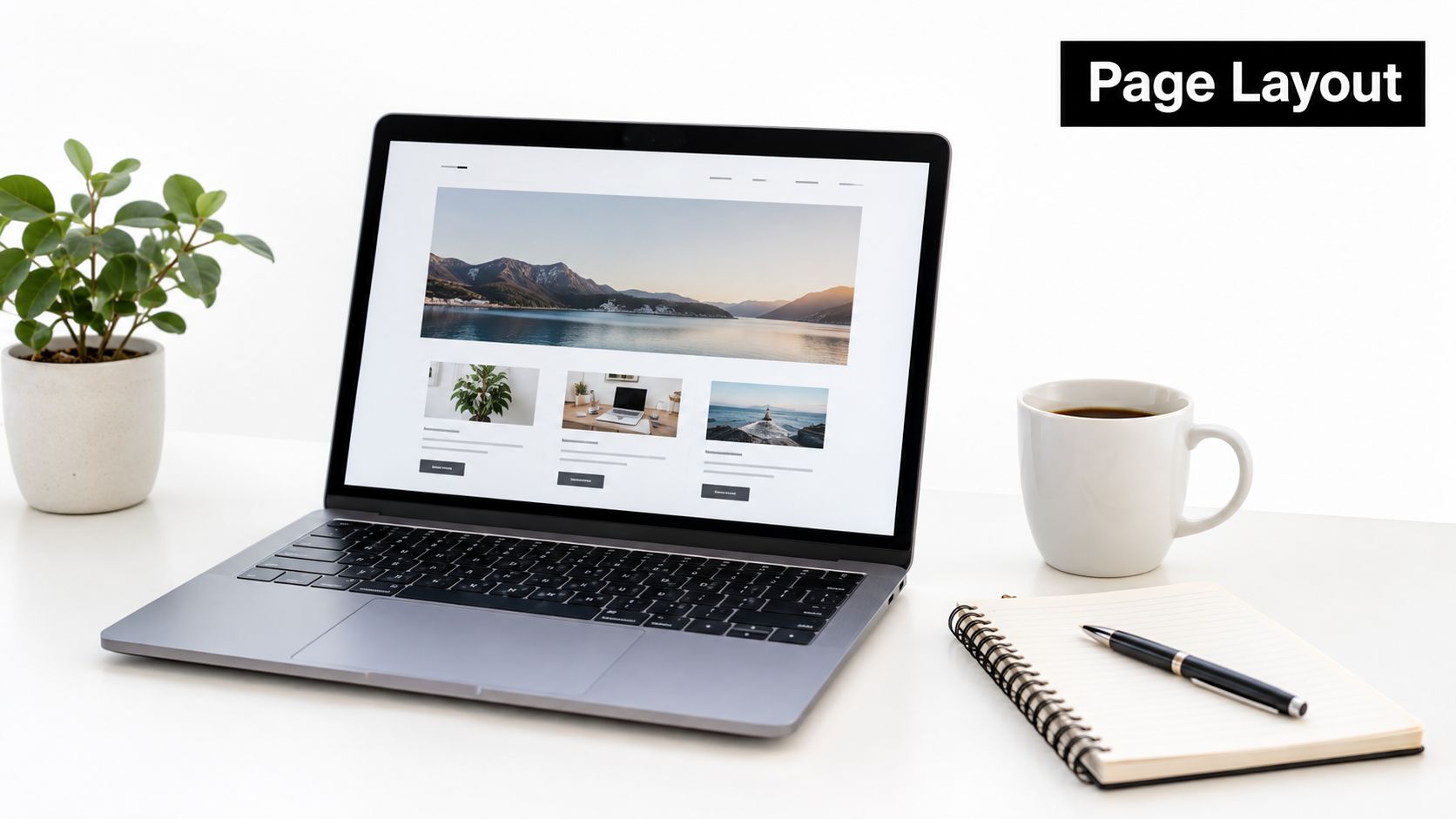 A modern laptop displaying a website layout on a white desk with a coffee mug and notebook.