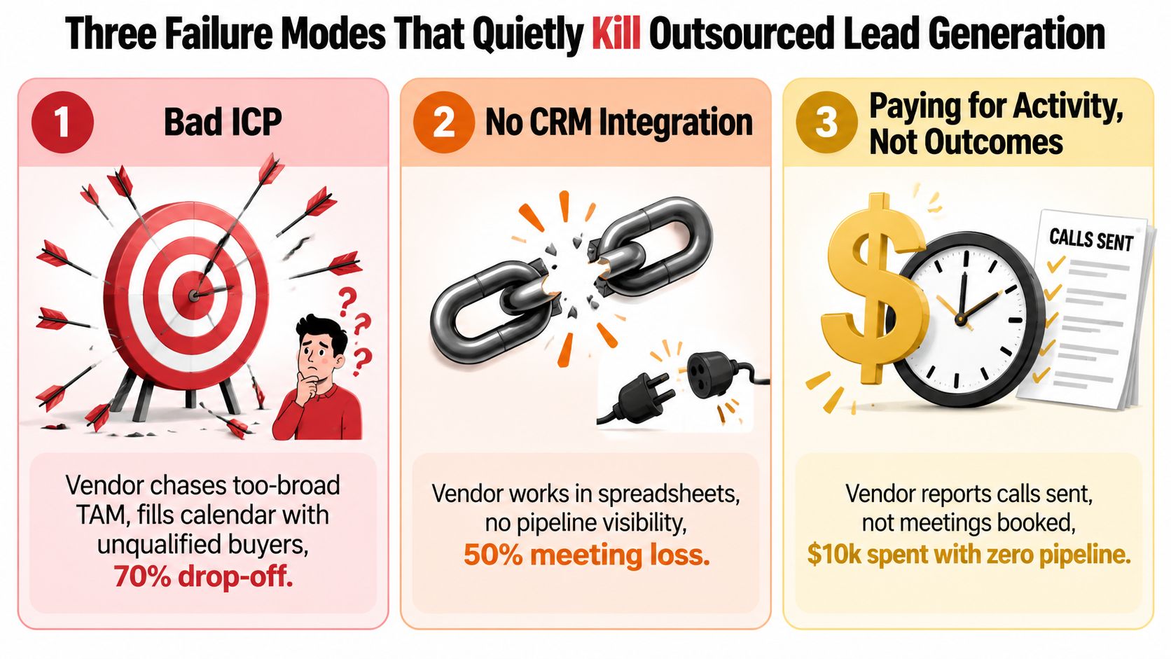 An infographic showing three common failure modes that negatively impact outsourced B2B lead generation efforts.