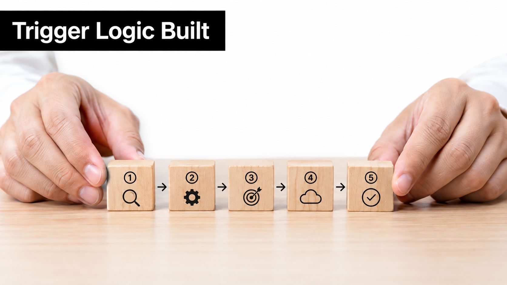 A pair of hands lining up five wooden blocks representing a five-step business process with icons.