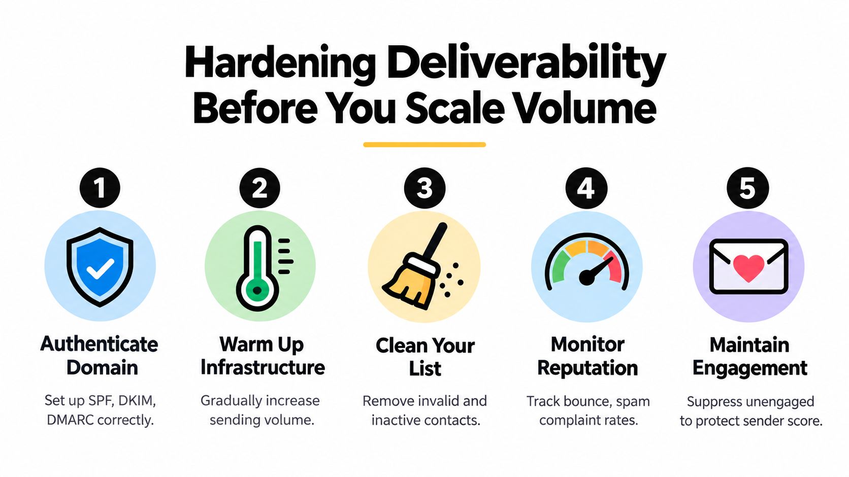 A 5-step infographic for hardening email deliverability before scaling volume through authentication, infrastructure warming, and list cleaning.