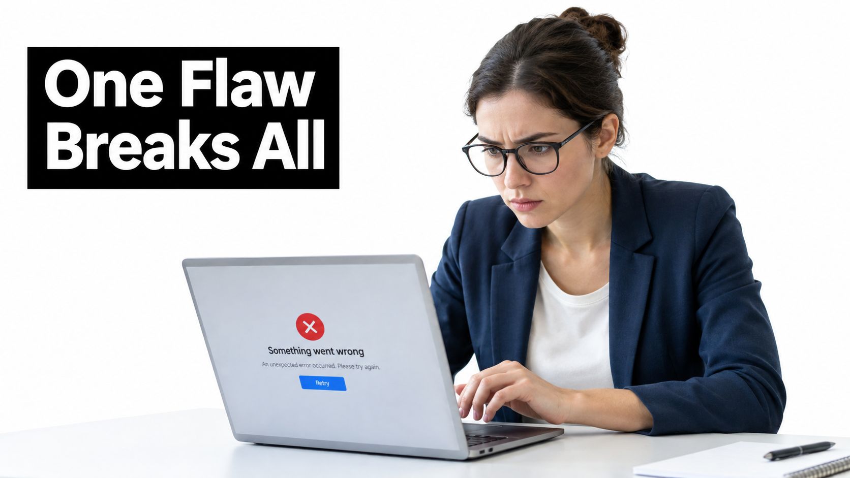 A concerned woman in a business suit looking at an error message displayed on her laptop screen.