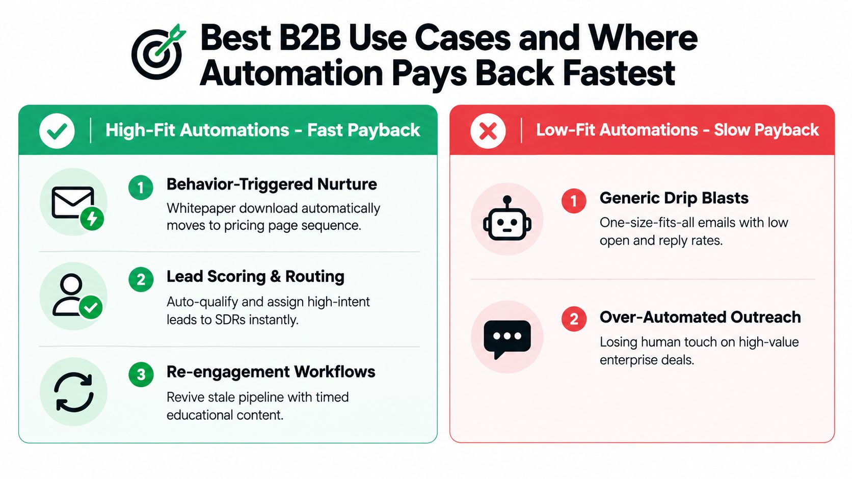 A comparison chart showing best B2B marketing automation use cases for fast versus slow investment payback.