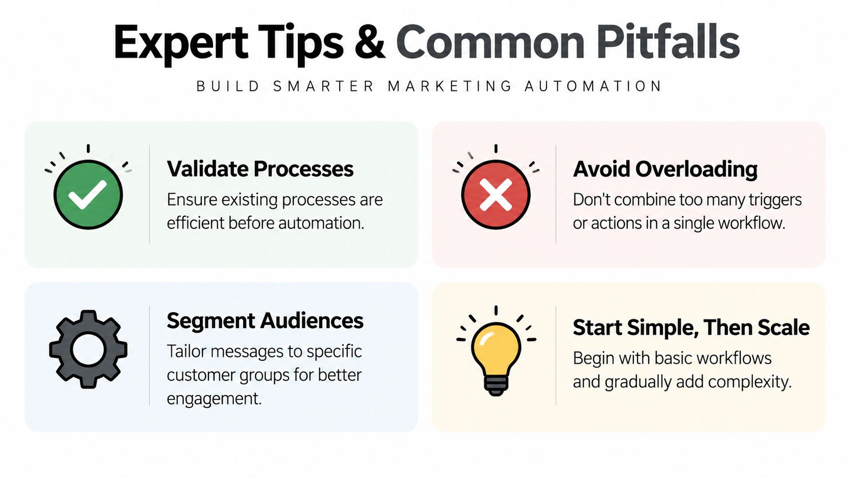 An infographic titled Expert Tips and Common Pitfalls featuring four actionable tips for building smarter marketing automation.