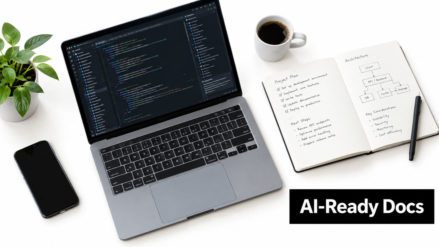 A clean modern workspace with a laptop displaying code, a coffee cup, and an open planner notebook.
