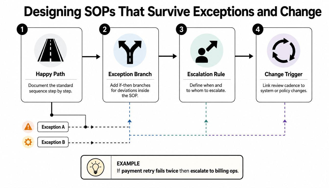 A diagram outlining a four-step process for designing standard operating procedures that effectively handle exceptions and changes.
