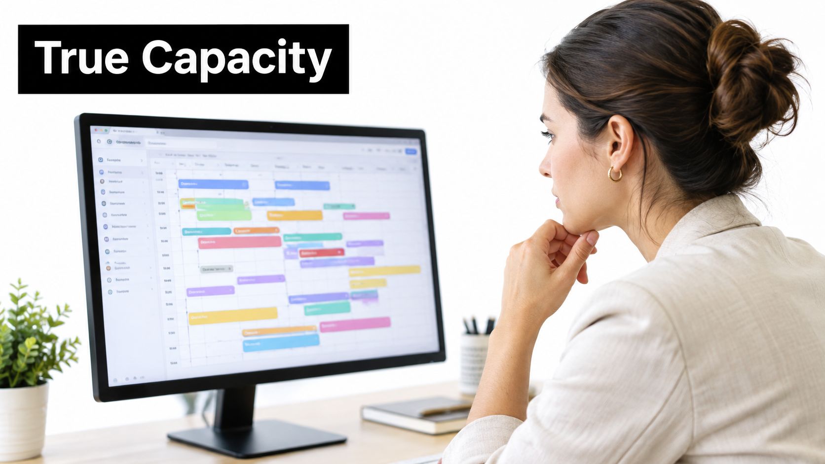 A businesswoman looking at a digital calendar on a computer monitor to monitor team capacity planning.