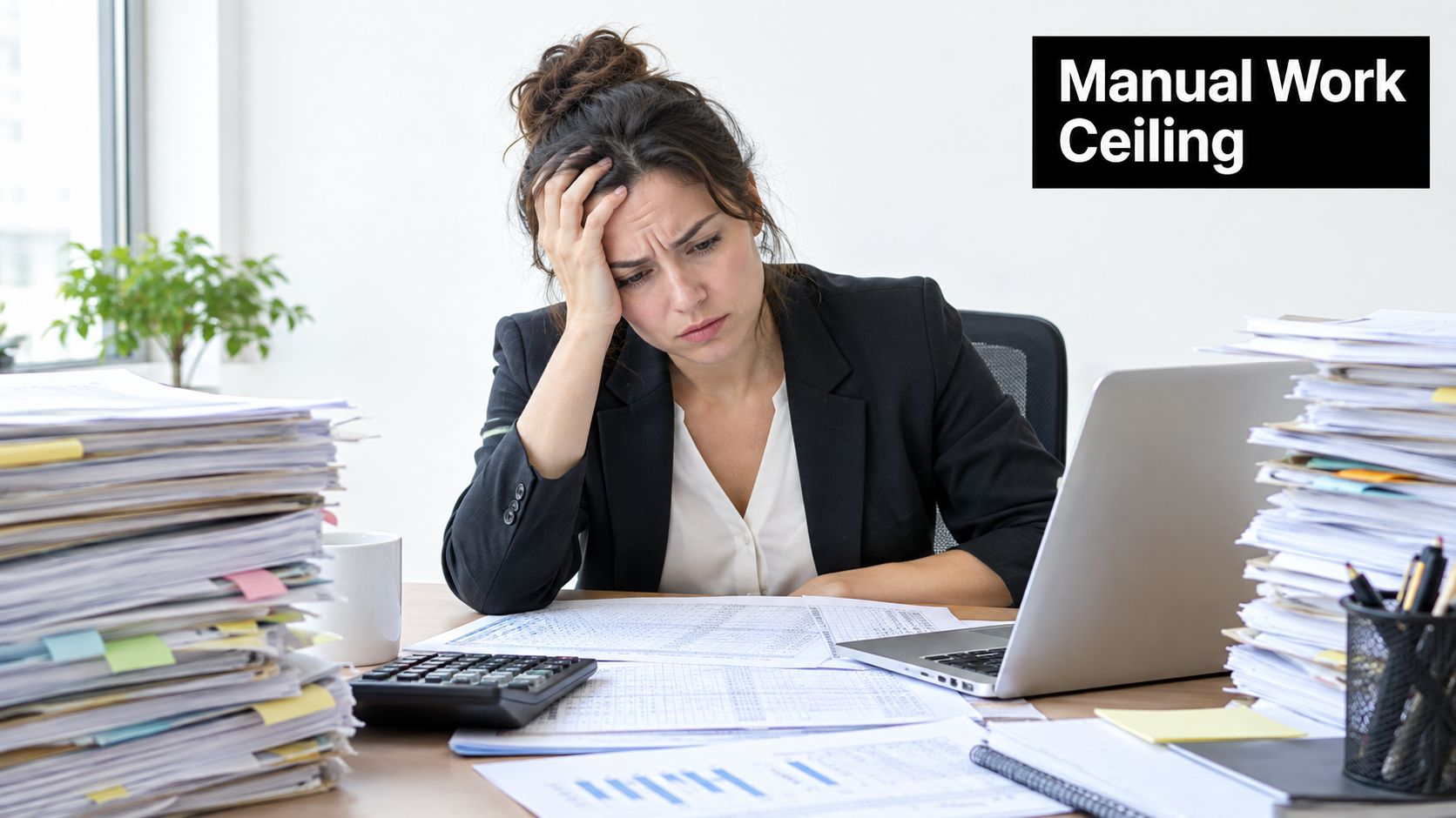 A stressed woman sitting at an office desk overwhelmed by piles of paperwork and a laptop.