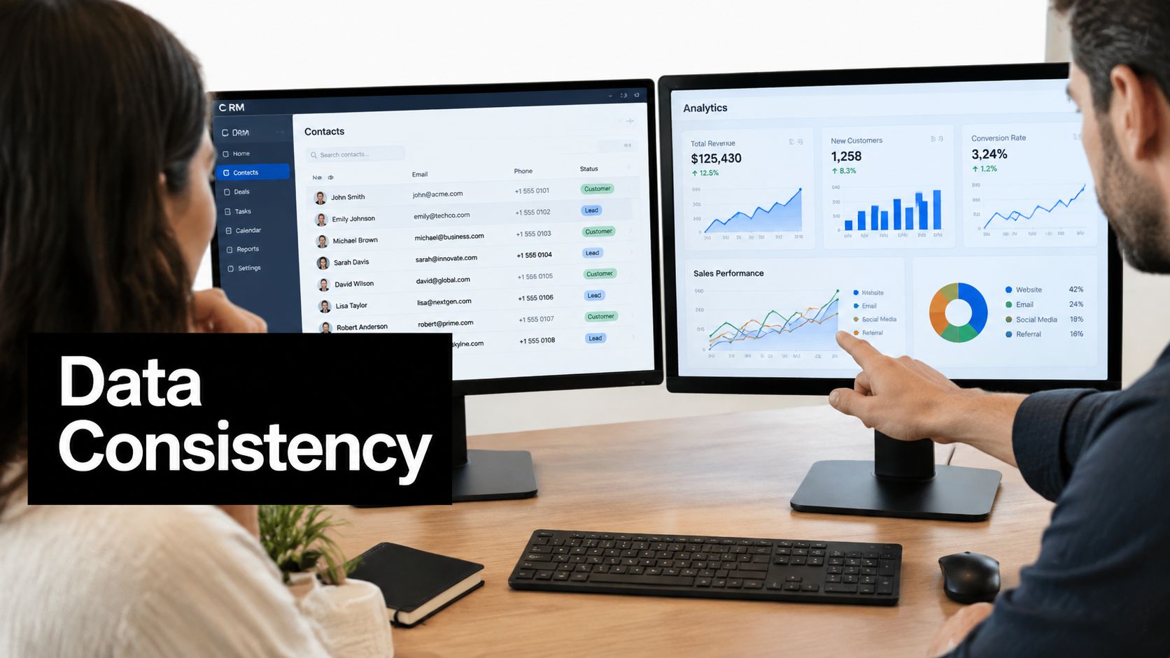 A woman and a man collaborating while viewing business data and analytics on two computer monitors.