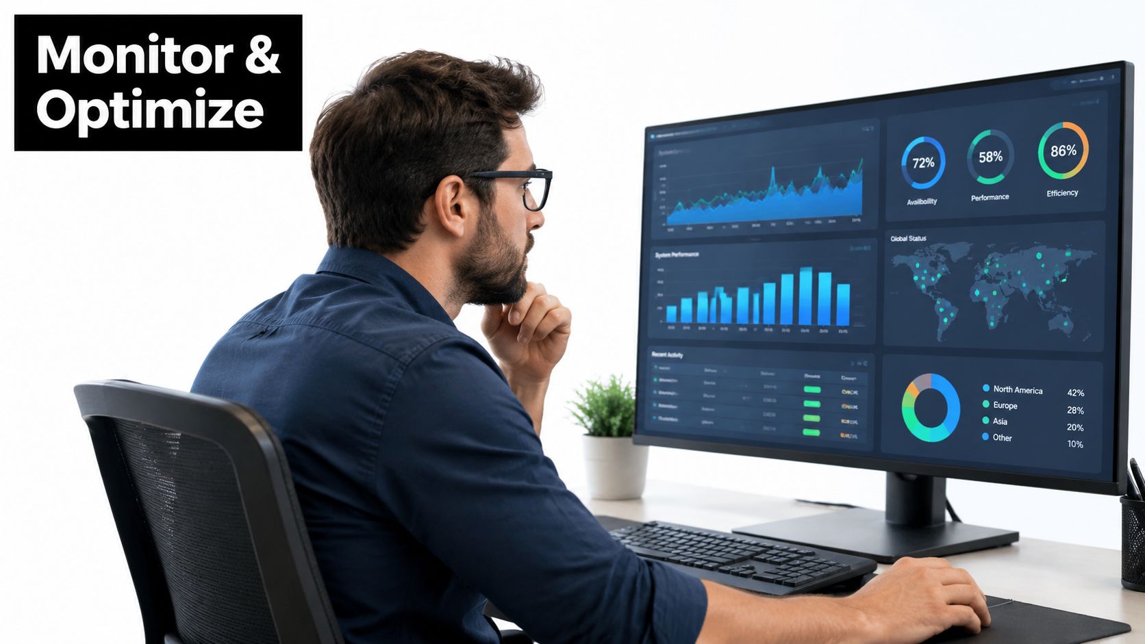 A professional man in a blue shirt monitors performance metrics on a large computer screen at his desk.