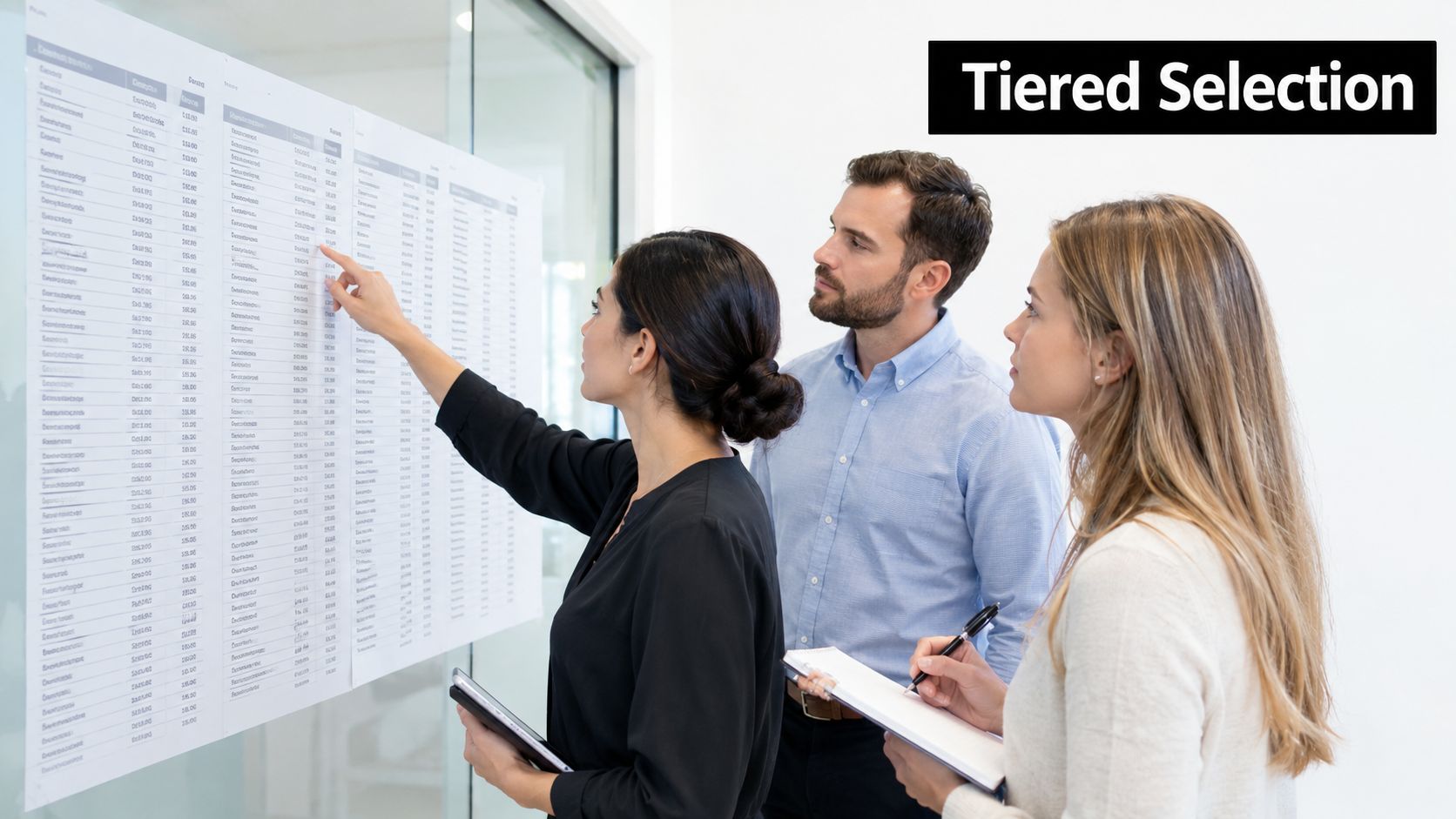 Three business professionals analyzing a list of data on a large whiteboard in an office setting.