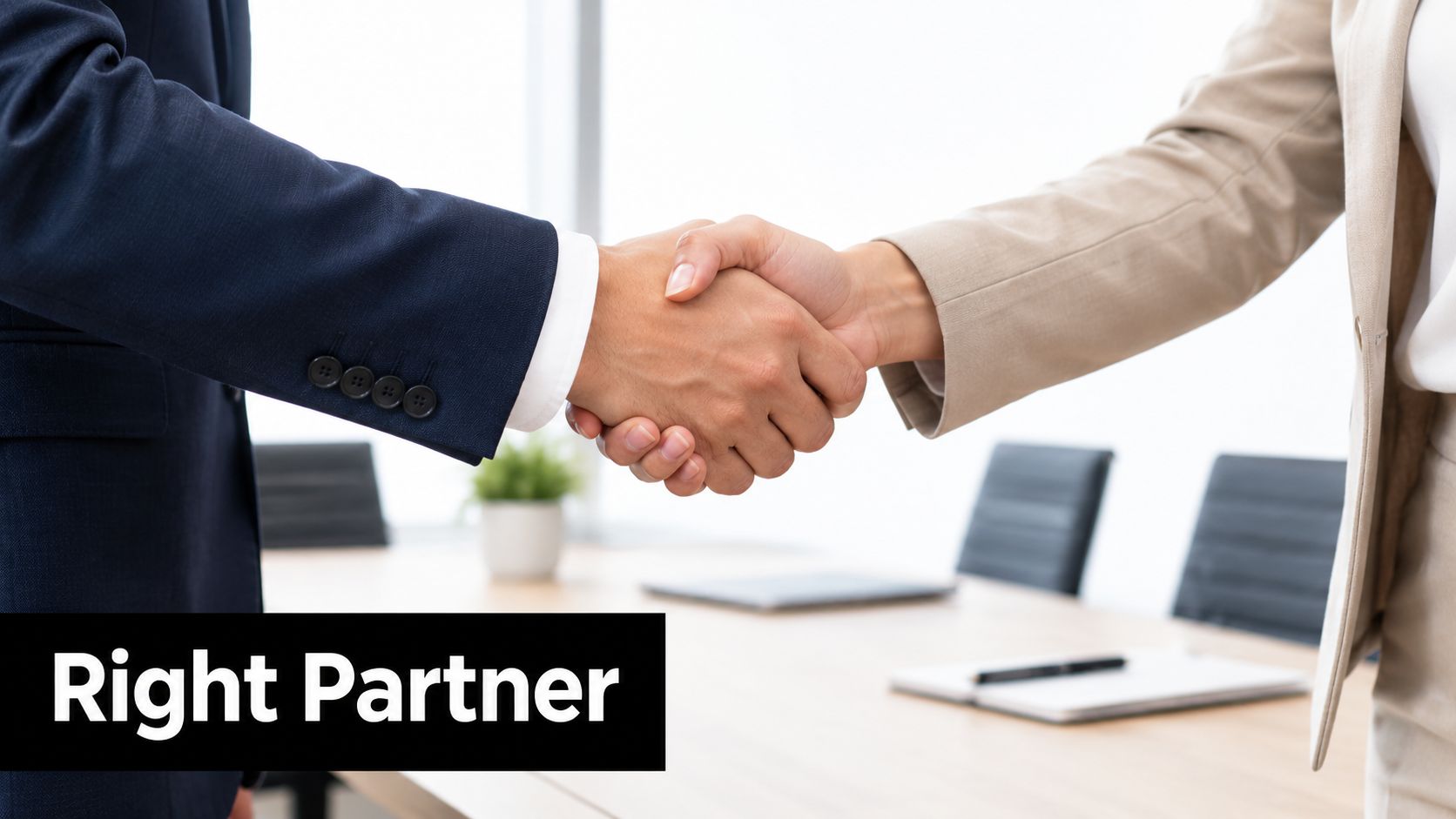 A professional man and woman shaking hands over a meeting room table for a business partnership.