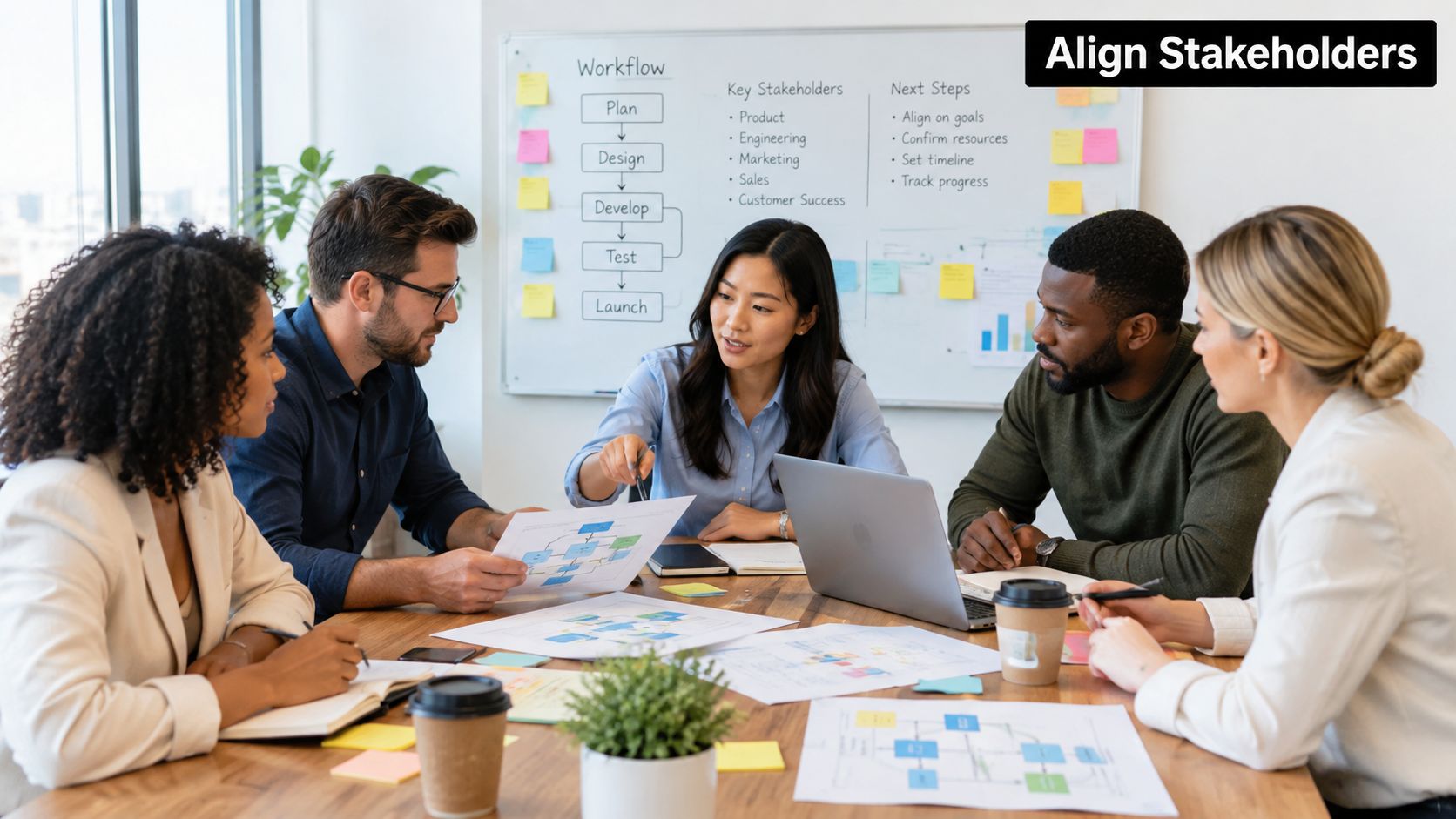 A diverse group of business professionals collaborating in a modern office meeting to align stakeholders on projects.