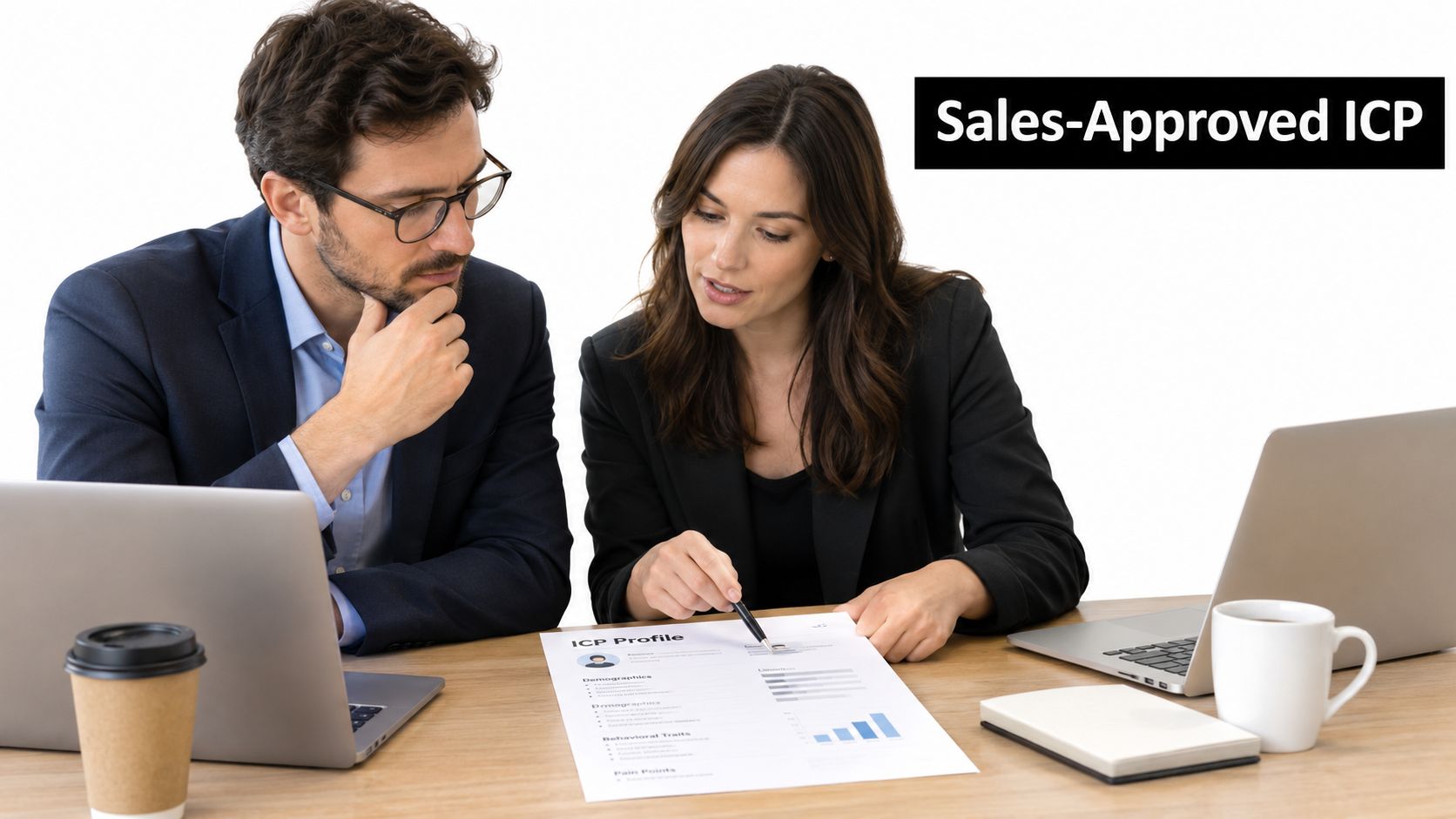 A professional man and woman in business attire reviewing a document titled ICP Profile together in office
