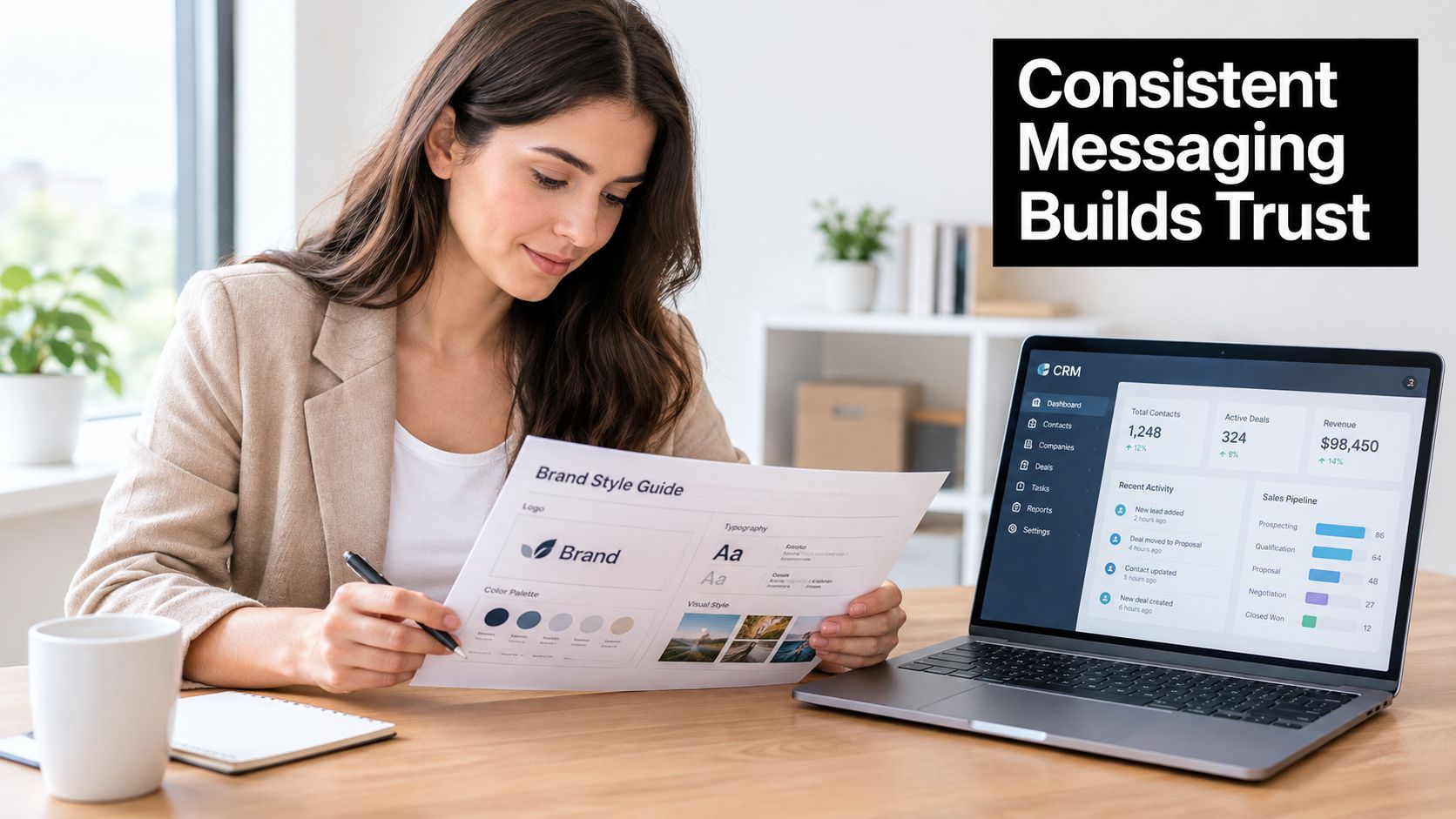 A professional woman reviewing a brand style guide document while working on her CRM laptop dashboard.