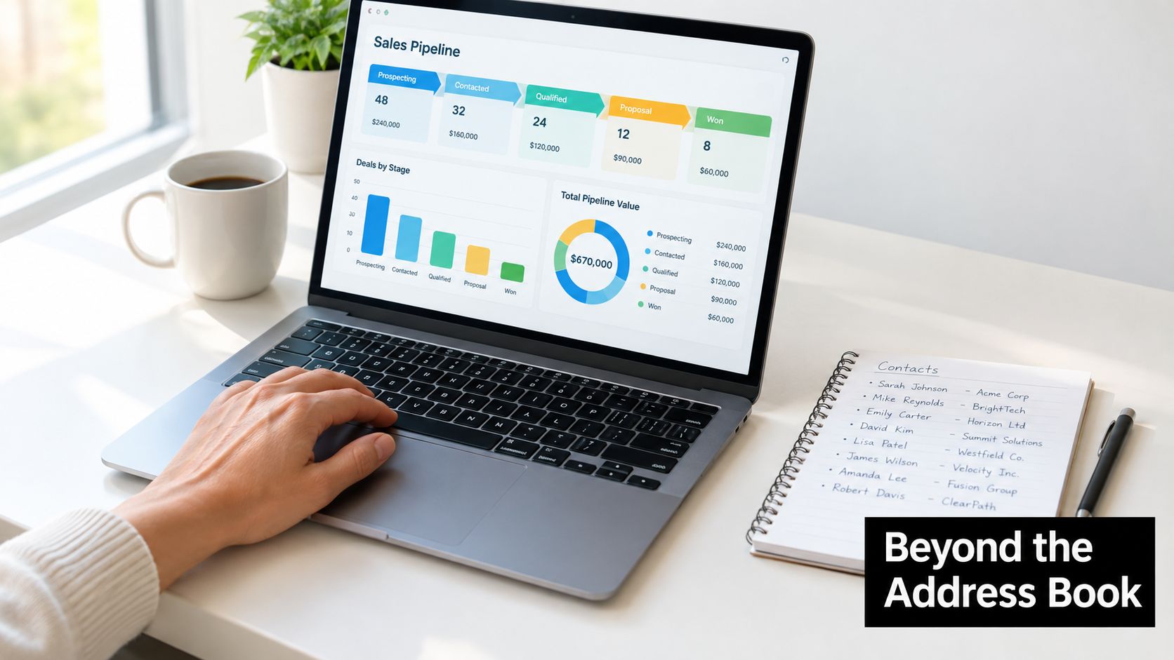 A person using a laptop on a white desk to analyze sales pipeline data and customer contacts.