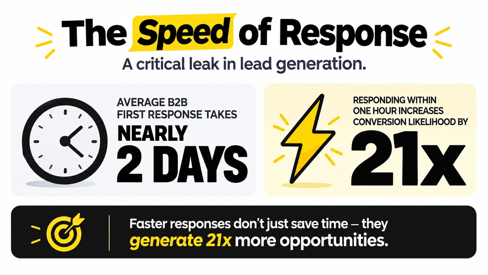 An infographic illustrating that B2B lead response times take two days, while fast responses increase conversions 21x.