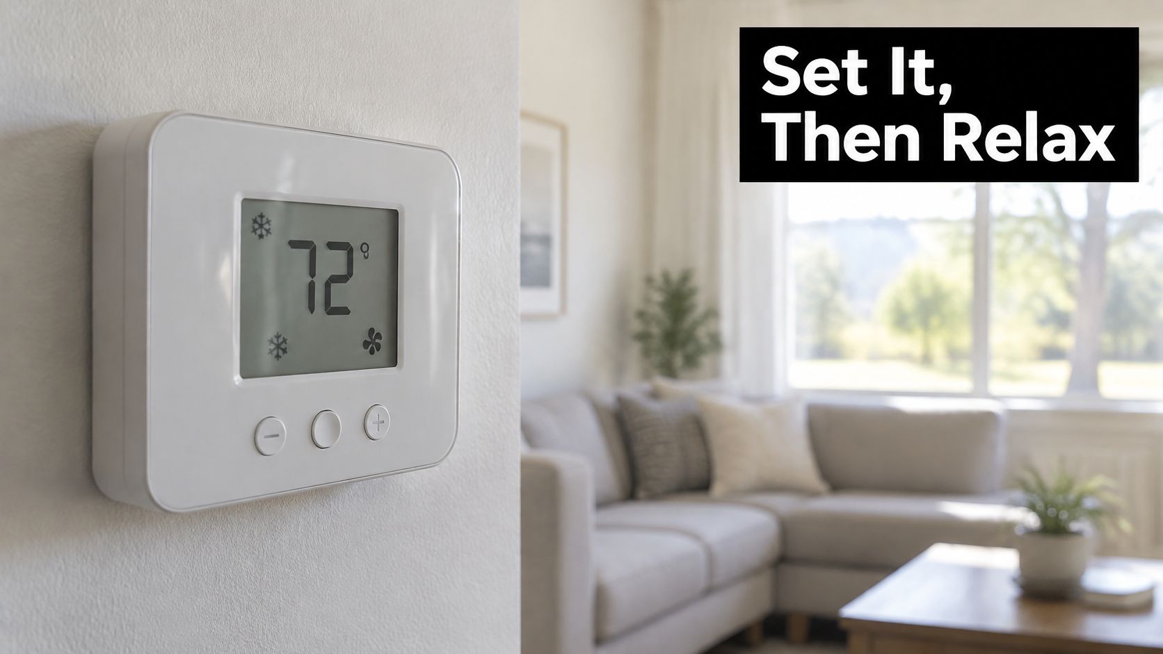 A wall-mounted smart thermostat displaying 72 degrees in a modern, comfortable living room interior.