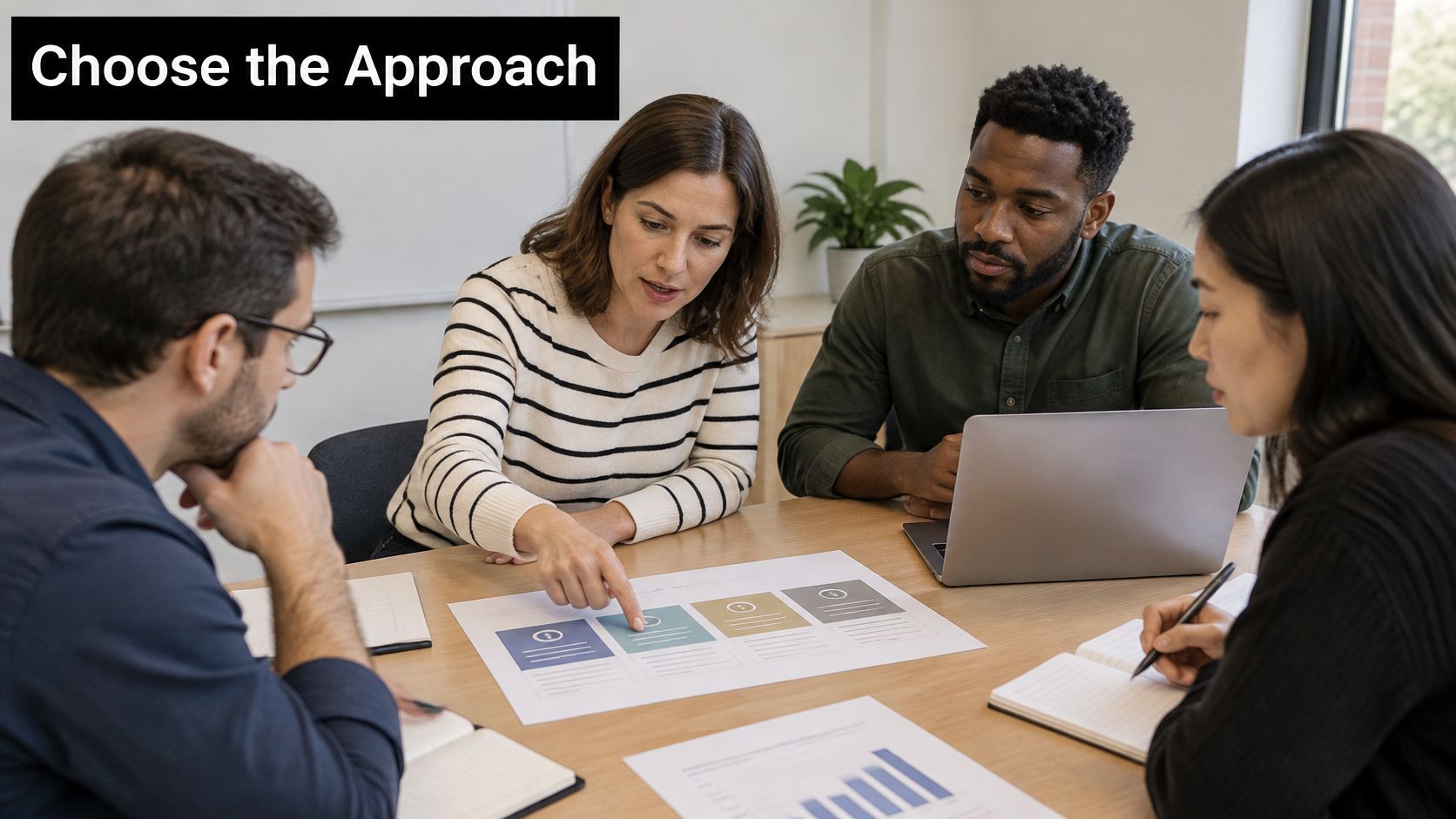 A diverse team of professionals collaborating around a table during an operations consulting business strategy meeting.