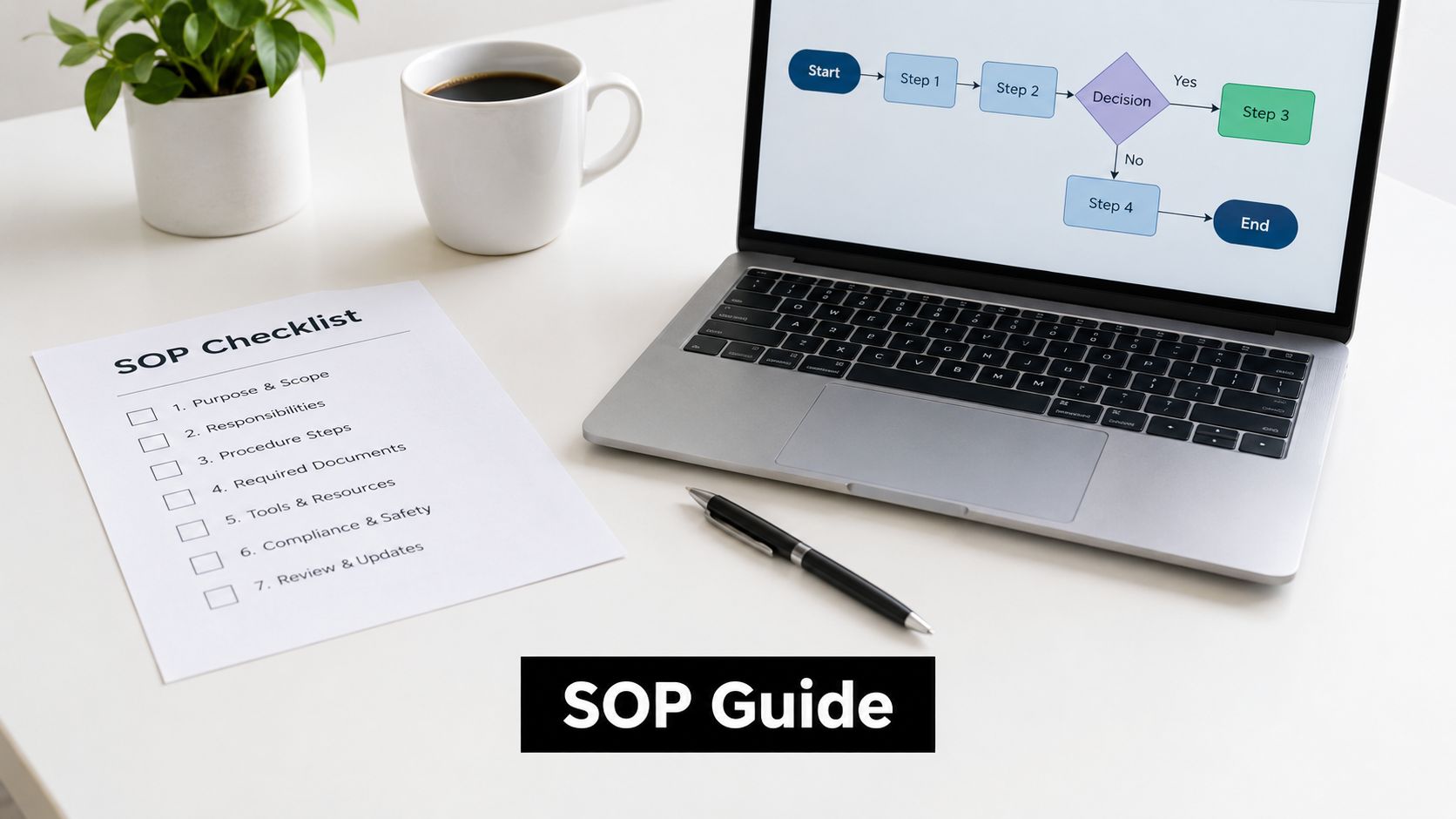 A laptop showing a flow chart process next to an SOP checklist on a clean white desk.