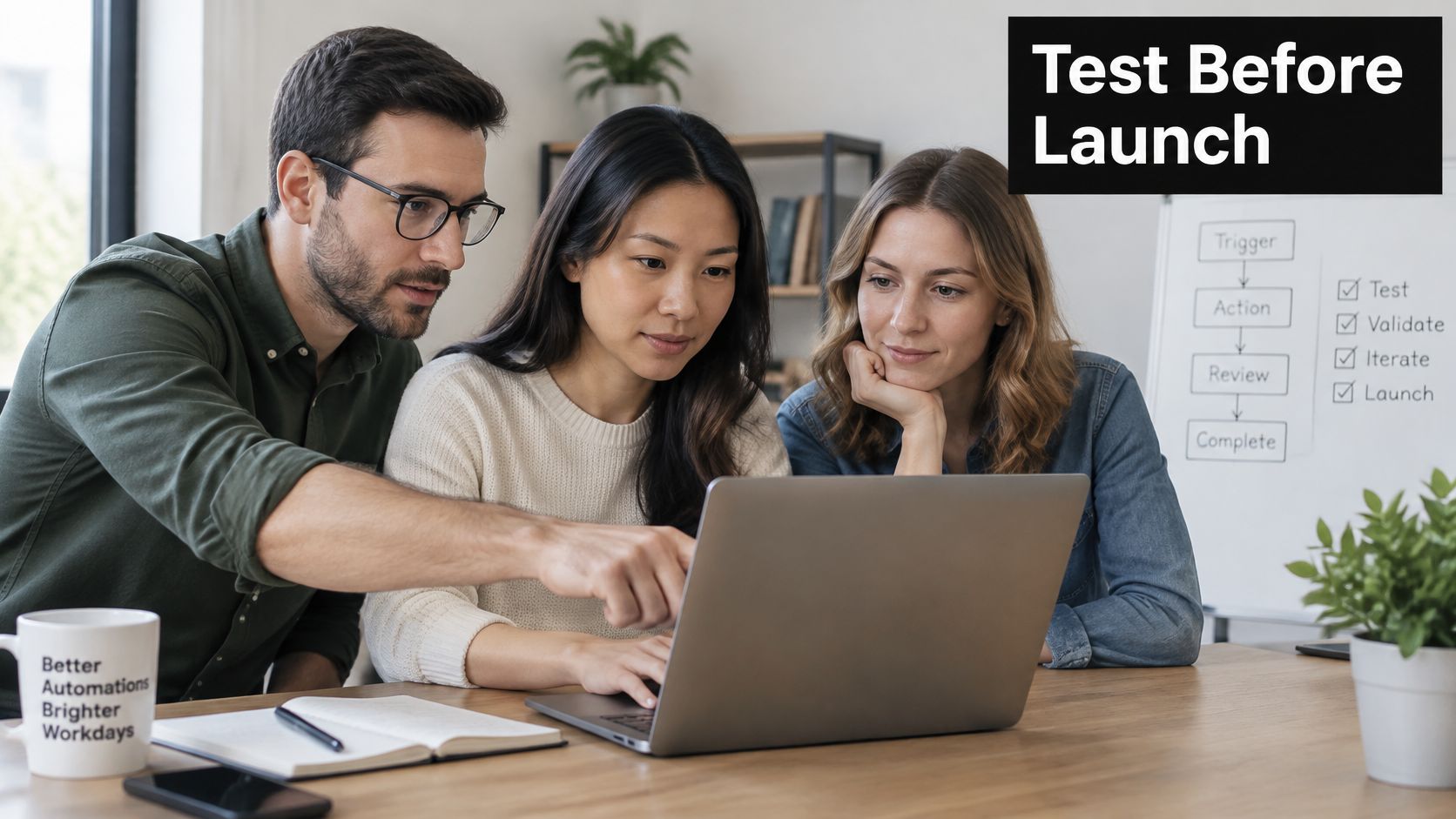 A diverse team of professionals collaborating on a project management workflow automation strategy at their office desk.