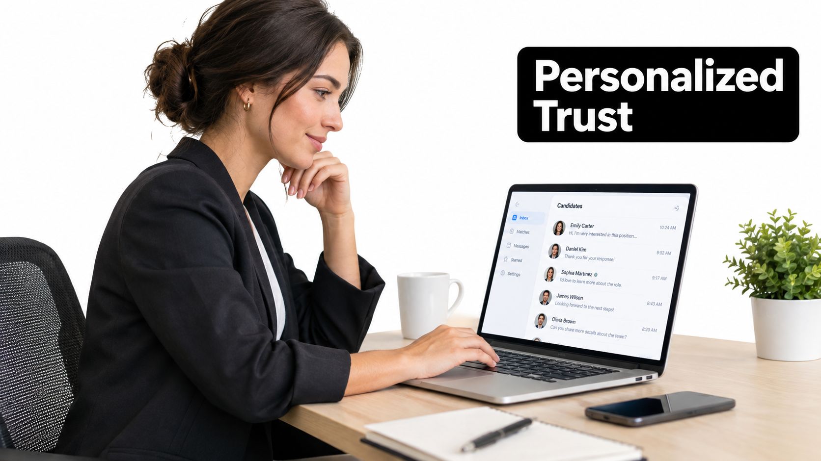 A professional woman working on a laptop, viewing candidate messages, with a personalized trust sign nearby.