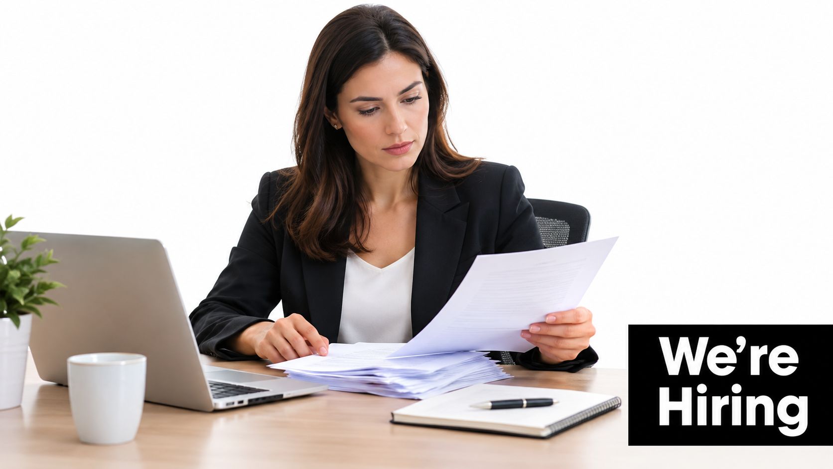 A professional woman in a business suit reviewing important documents at her office desk with a laptop.