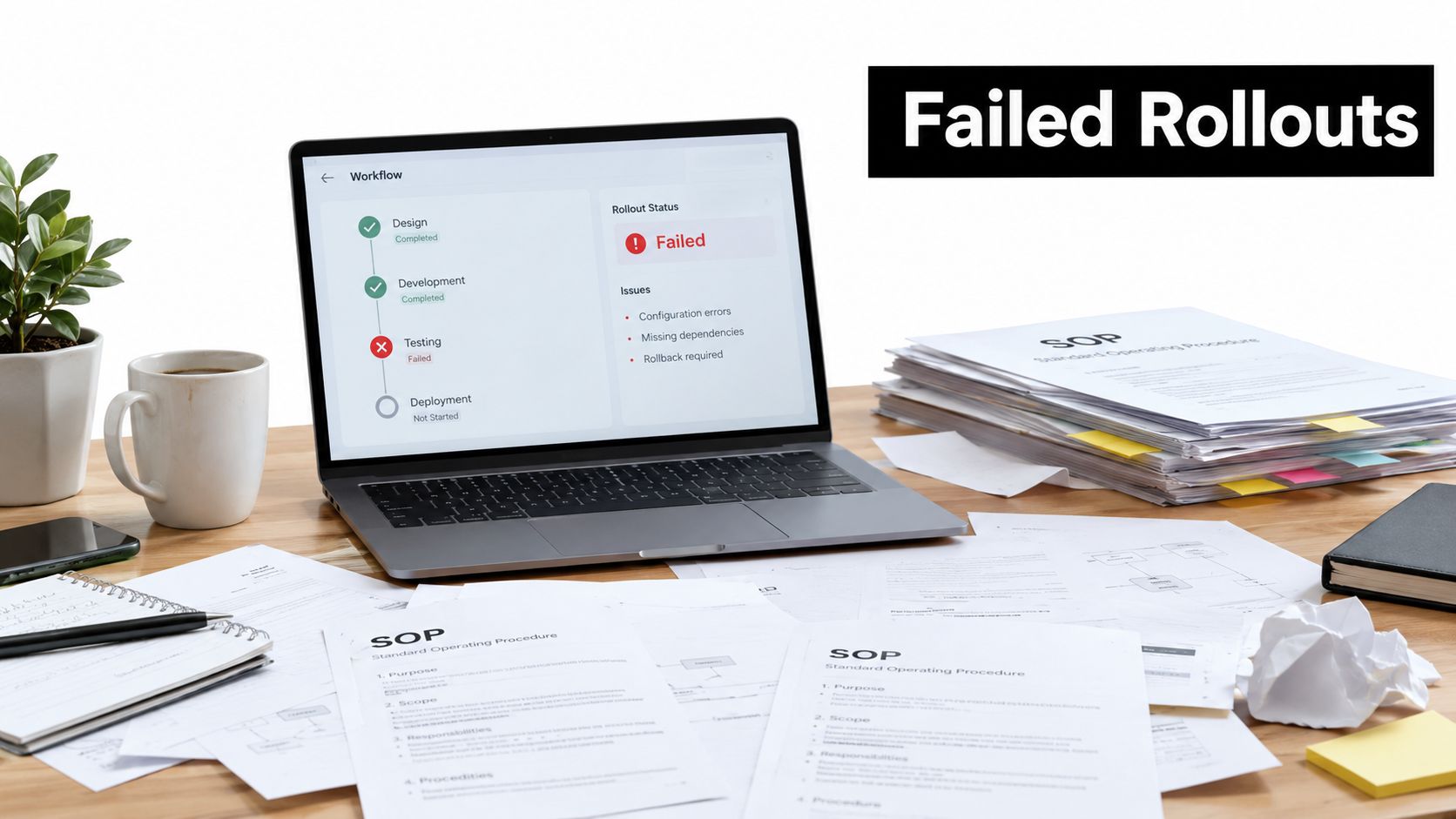A laptop displays a failed software rollout workflow status alongside scattered SOP documents on a wooden office desk.