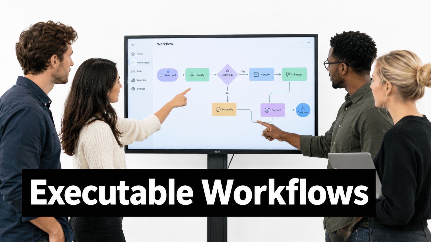 A diverse team collaborating on business process automation workflows using a large digital interactive touchscreen display.